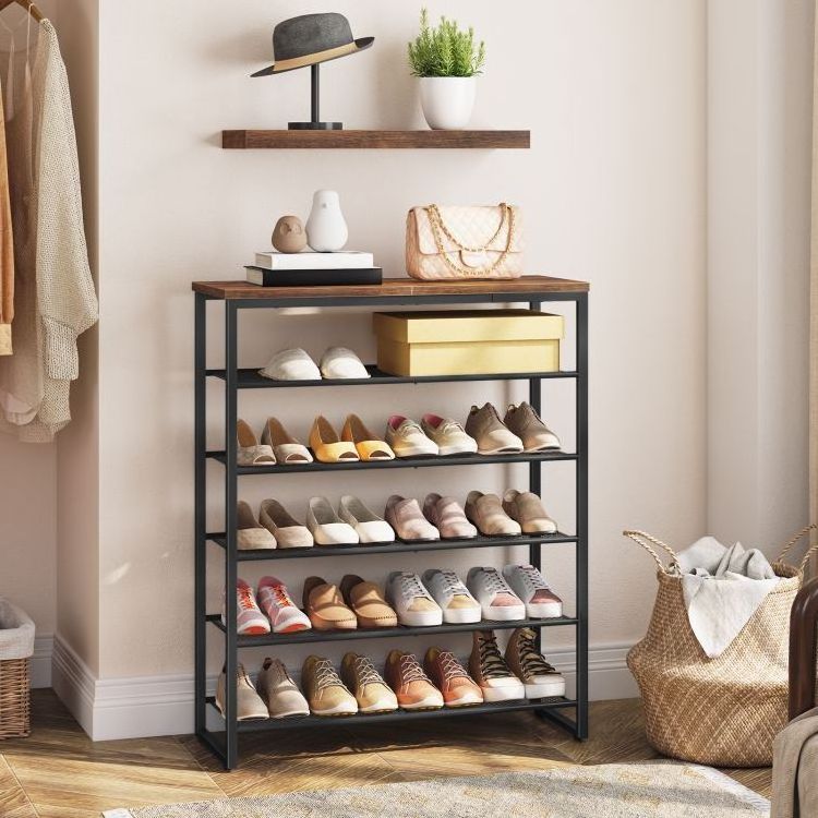 Wholesale 6 Tier Shoe Rack Industrial Style Shoe Storage Stand with Metal Shelf for 20/22/24/26/28/30 Pairs Shoes Organizer