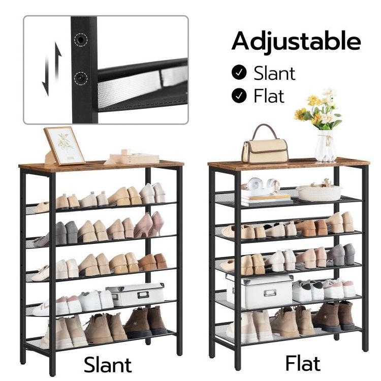 Wholesale 6 Tier Shoe Rack Industrial Style Shoe Storage Stand with Metal Shelf for 20/22/24/26/28/30 Pairs Shoes Organizer