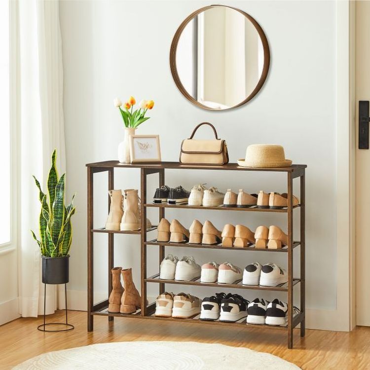 Wholesale 5 Tier Shoe Racks Industrial Style 5tier Shoe Storage Stand with Wood Top and Metal Shelf for Shoes Organizer