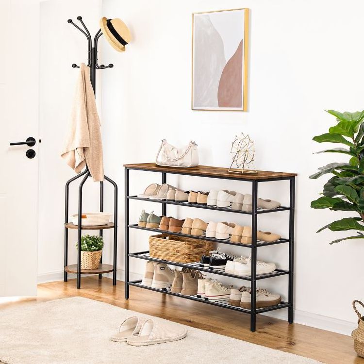 Wholesale 5 Tier Shoe Racks Industrial Style 5tier Shoe Storage Stand with Wood Top and Metal Shelf for Shoes Organizer