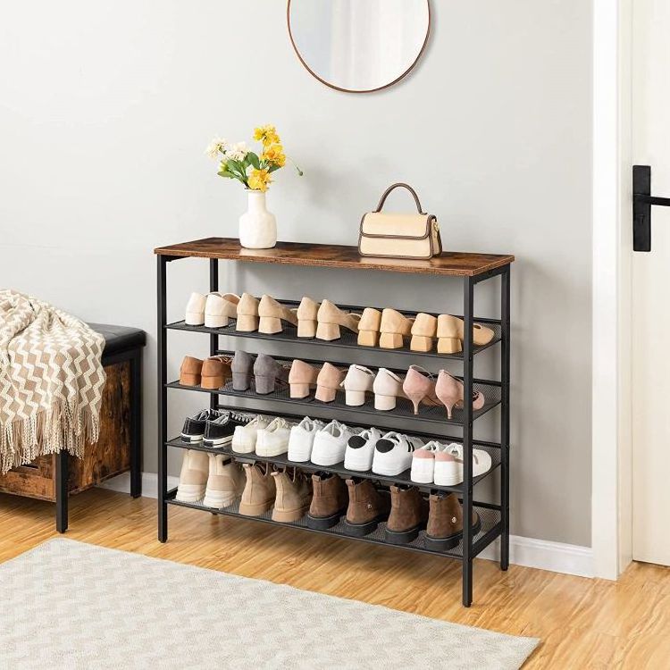 Wholesale 5 Tier Shoe Racks Industrial Style 5tier Shoe Storage Stand with Wood Top and Metal Shelf for Shoes Organizer