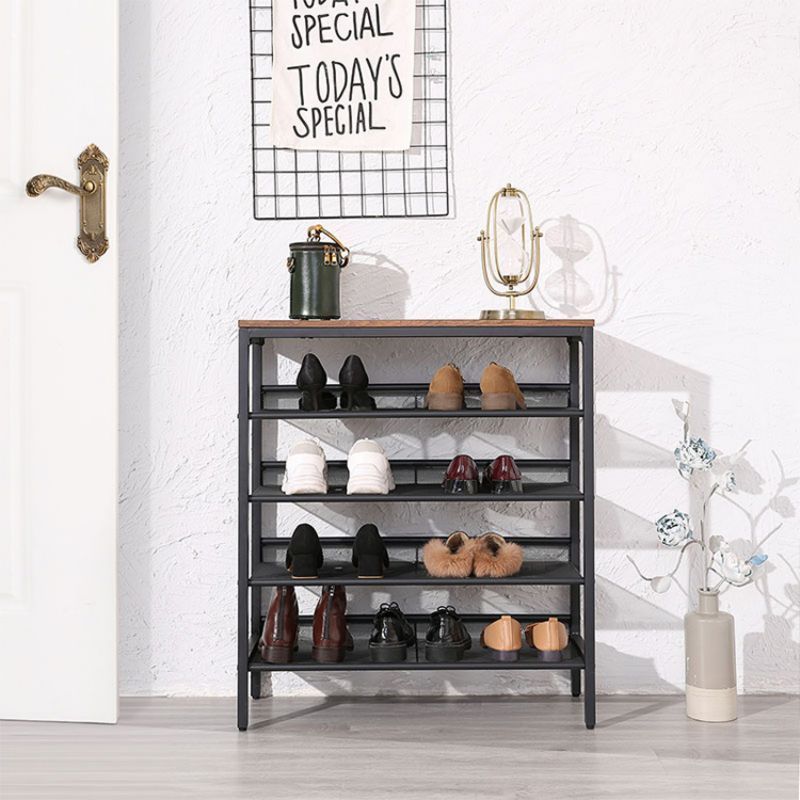 Wholesale 5 Tier Shoe Racks Industrial Style 5tier Shoe Storage Stand with Wood Top and Metal Shelf for Shoes Organizer