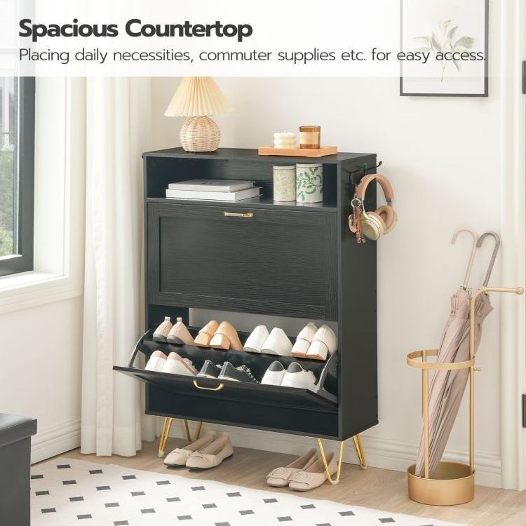 Wholesale Shoe Cabinets Modern White Freestanding Filp Open Shoe Organizer Black Storage Cabinet with 2 Flip Drawers