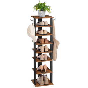 Wholesale 8 Tier Small Wooden Adjustable Vertical Shoe Racks Tall Narrow Corner Shoe Storage Shelf Space Saving Shoes Organizer