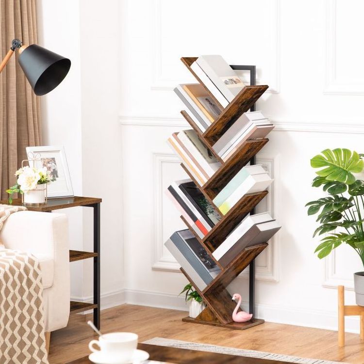 HOOBRO 5 Tier Wood Tree Shaped Bookshelf Rustic Brown Tree Bookcase Wooden Free Standing Book Tree Branch Bookshelf Book Case