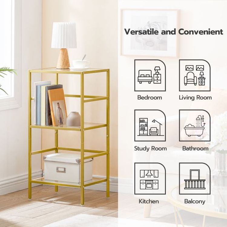 HOOBRO 3-Tier Bookcase Tempered Glass Bookshelves Storage Rack Gold Bookshelf Slim Shelving Unit for for Living Room Home Office