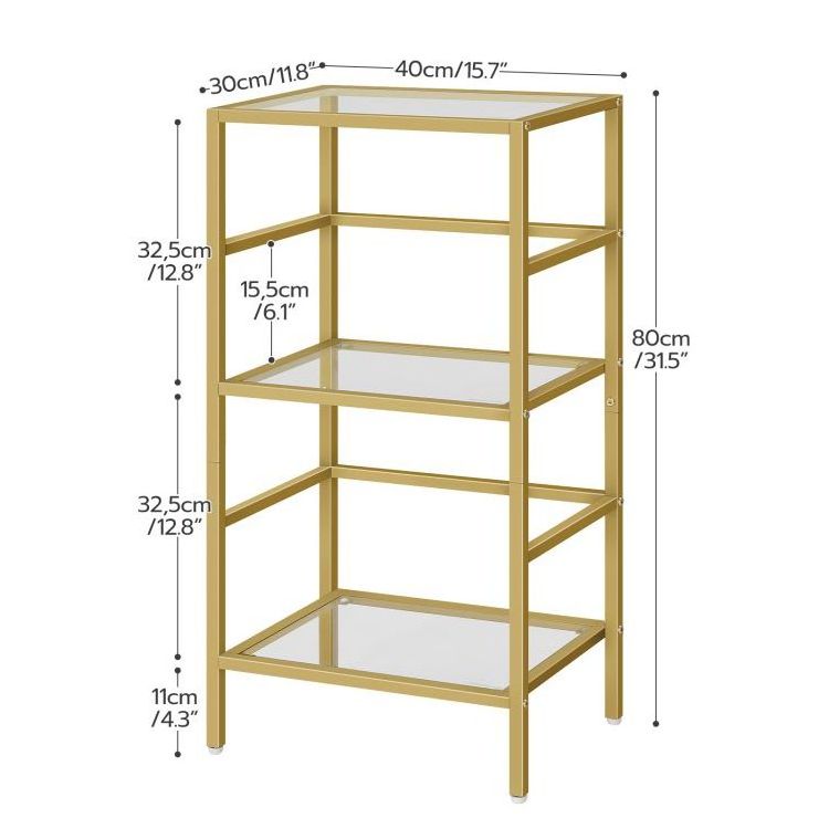 HOOBRO 3-Tier Bookcase Tempered Glass Bookshelves Storage Rack Gold Bookshelf Slim Shelving Unit for for Living Room Home Office