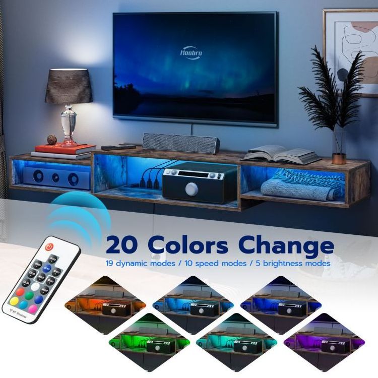 Wholesale Floating Wall Mounted TV Stand Unit with Power Outlet Float TV Shelf with LED Media Console Stand Entertainment