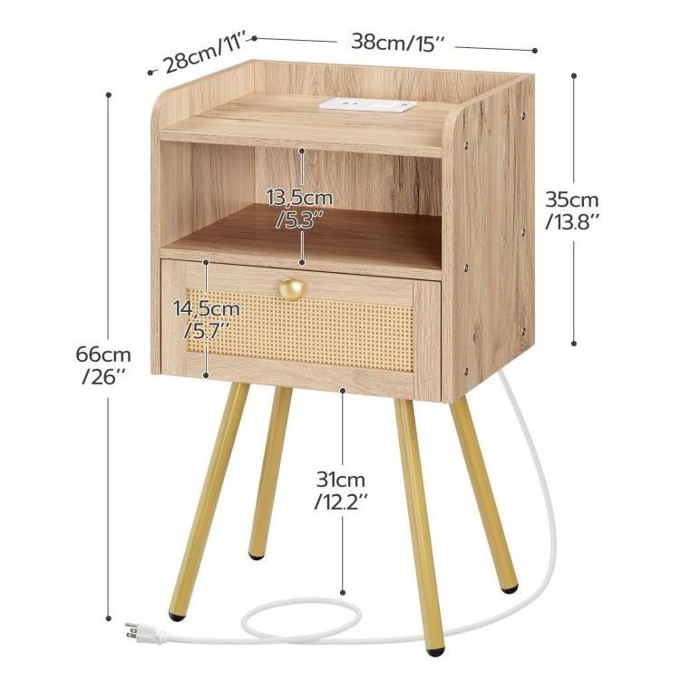 Wholesale Rattan Style Nightstand with Charging Station White Oak Wood Bedside Bedroom Tables with Drawer Rattan Side End Table