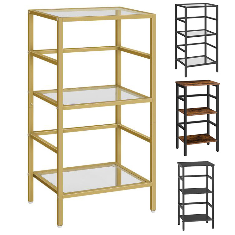 HOOBRO 3-Tier Bookcase Tempered Glass Bookshelves Storage Rack Gold Bookshelf Slim Shelving Unit for for Living Room Home Office