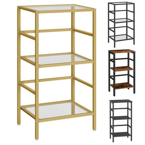 HOOBRO 3-Tier Bookcase Tempered Glass Bookshelves Storage Rack Gold Bookshelf Slim Shelving Unit for for Living Room Home Office