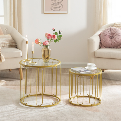 Wholesale Living Room Modern Round Nesting Glass Gold Coffee Table Set of 2 Center Table Stacking Side End Table with Storage