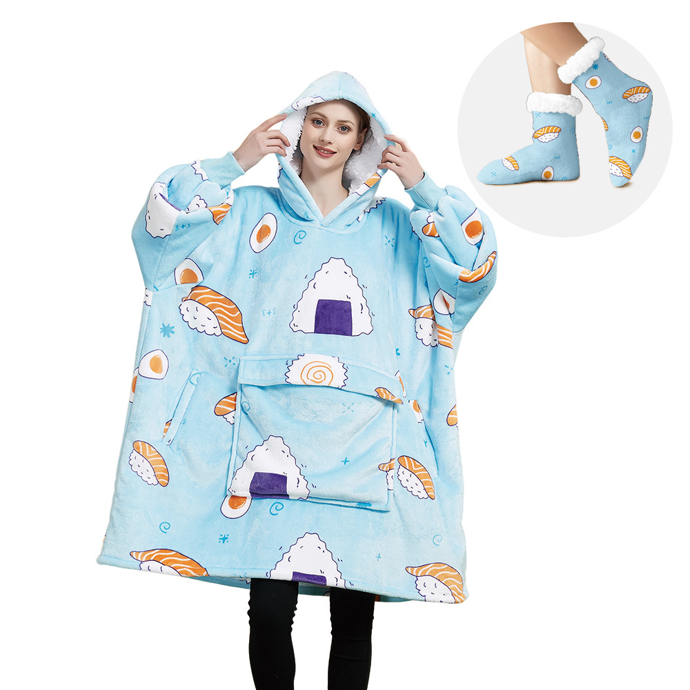 Hot Sale Oversized Adult Family Outside Warm Hooded Hoodie Blanket With Sherpa Non Slipper Socks