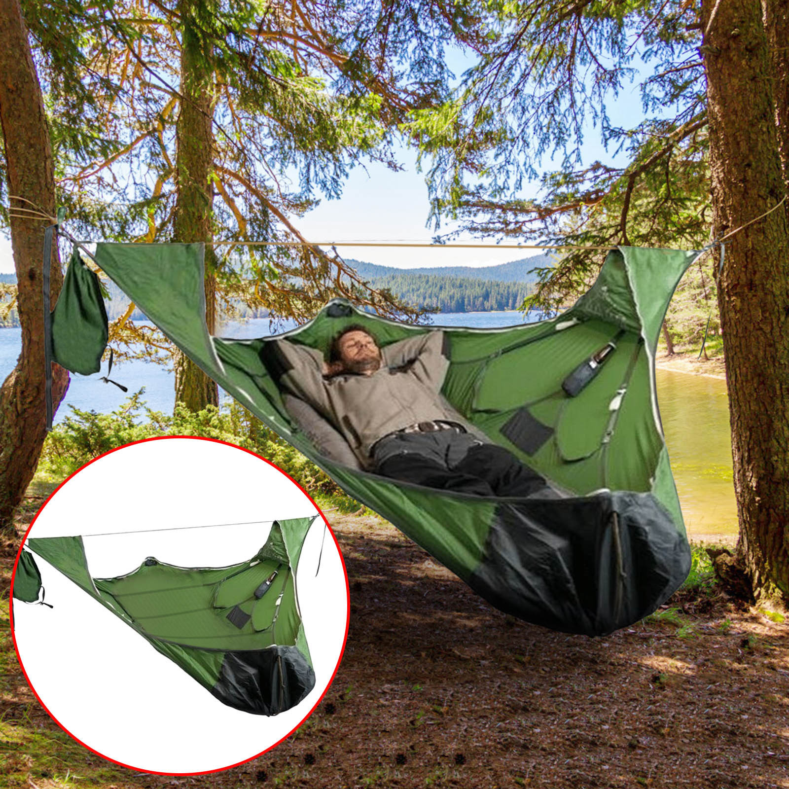 Flat Sleep Hammock Tent with Bug Net and Suspension Kit Camping Hammock Camping Cot Camping Hammock with Rain Fly and Bug Net