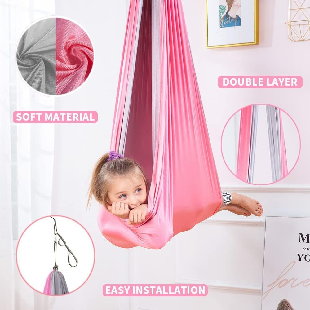 Sensory Swing - Therapy Hammock Autism, ADHD, Aspergers Double Layer Reversible Pink and Grey Hardware Included