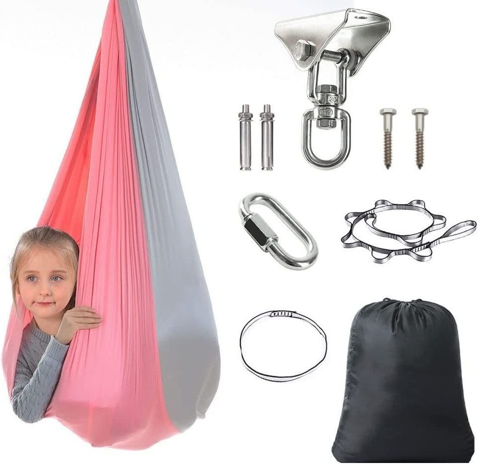 Sensory Swing - Therapy Hammock Autism, ADHD, Aspergers Double Layer Reversible Pink and Grey Hardware Included