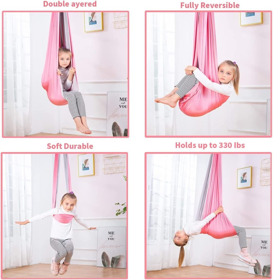 Sensory Swing - Therapy Hammock Autism, ADHD, Aspergers Double Layer Reversible Pink and Grey Hardware Included