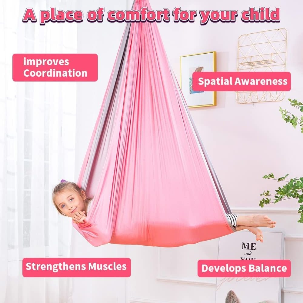 Sensory Swing - Therapy Hammock Autism, ADHD, Aspergers Double Layer Reversible Pink and Grey Hardware Included