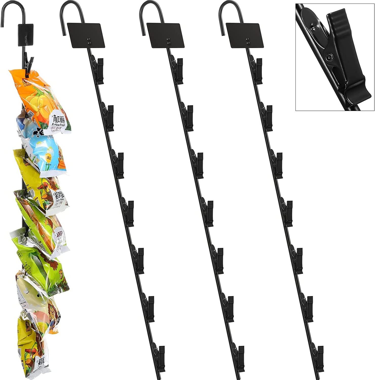 Good Quality Black Metal Single Strip Hanging Snack Hanging Display Strip Rack with 12 Clips