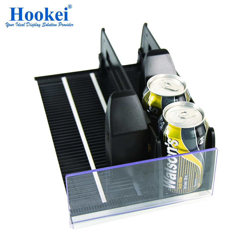 Wholesale Flexible Front Gravity Roller Shelf Flex Spring Sliding Face Automatic Supermarket Display Retail Pusher Cooler Glide