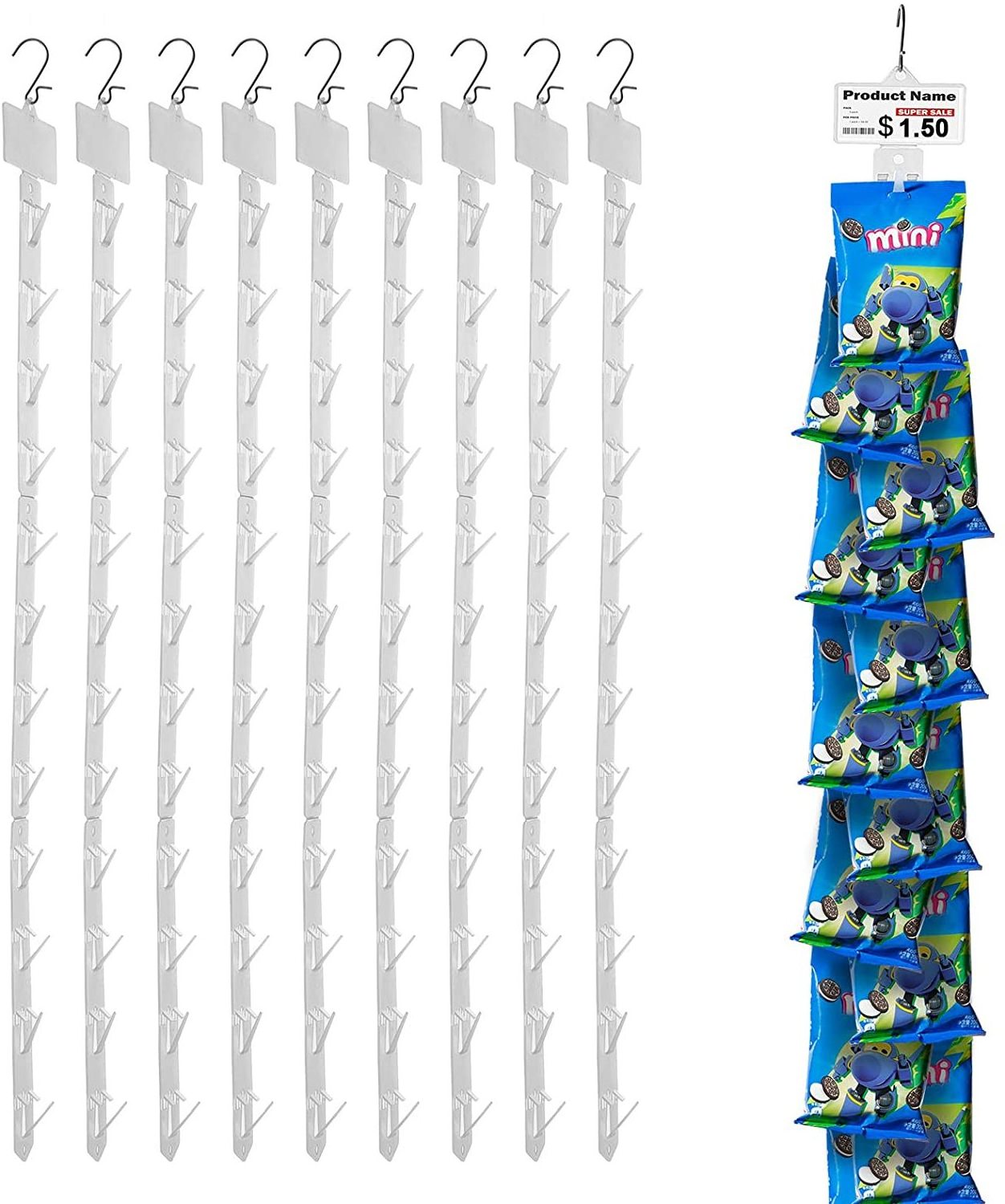 Clip Strip Potato Chip Bag Rack with Label Header Hanging Merchandise Strips with Hooks