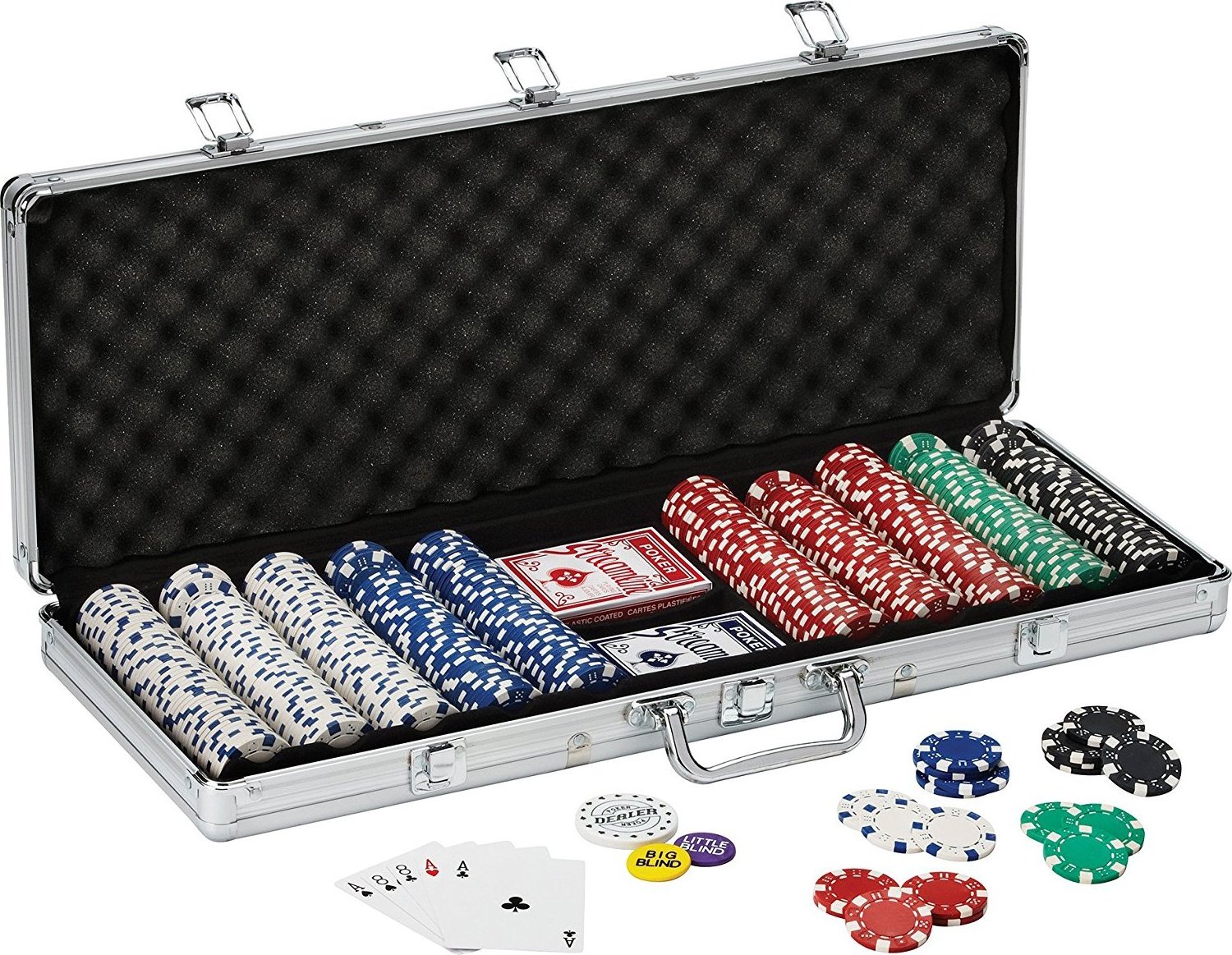 Promotion and wholesale Poker Chip Set with a  Aluminum case 500 pcs Classic Casino Chips 5 Colors for gambling and party game