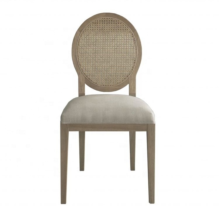 French Style Louis Xvi Round Oval Cane Back Oak Wooden  Upholstered Seat Padded Solid Wood Dining Chair P1280