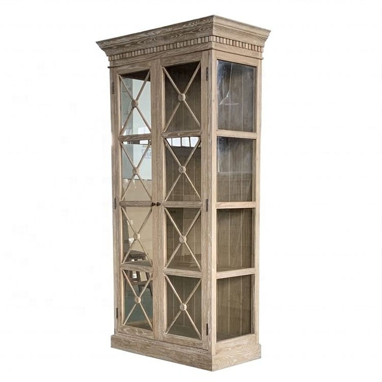 French Provincial Two Doors Glazed Oak Wooden Cabinet with Multiple Colors Available W5809