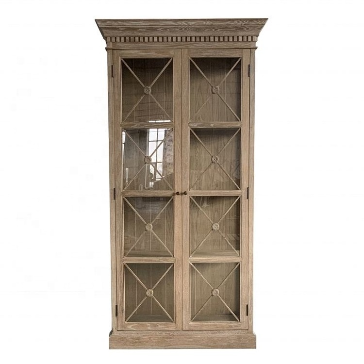 French Provincial Two Doors Glazed Oak Wooden Cabinet with Multiple Colors Available W5809