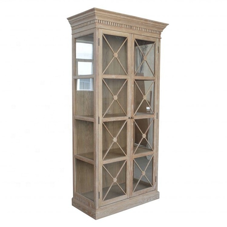 French Provincial Two Doors Glazed Oak Wooden Cabinet with Multiple Colors Available W5809