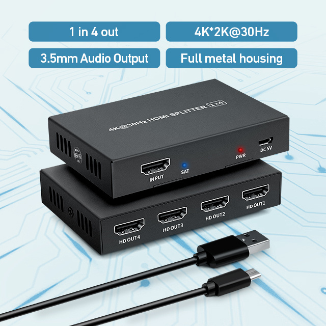 Full HD 4K HDMI 1 in 4 out Splitter HDCP 1.2 HDMI 1x4 Splitter with DC 5v Power Adapter 3.5mm Audio Output