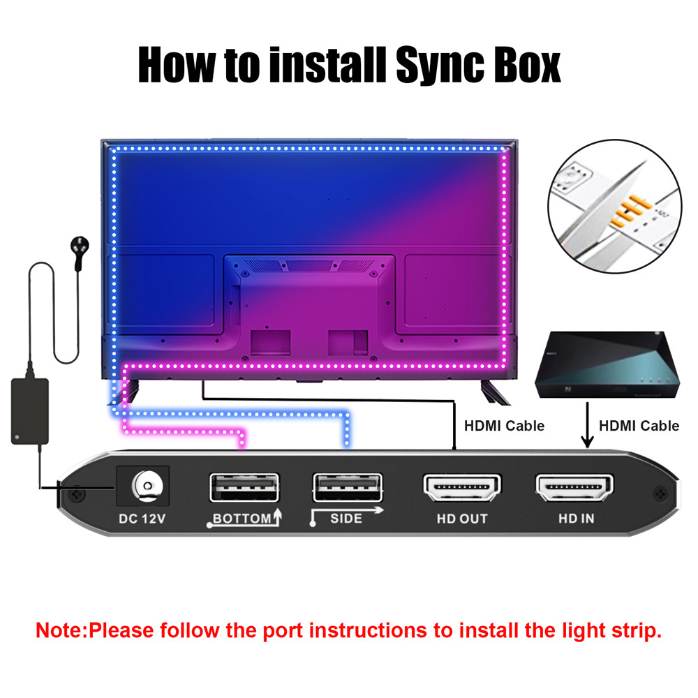 LED TV Backlight HDMI 2.0 4K Sync Box Led Backlight Alexa 12V Flexible Rgbic Smart strip Light