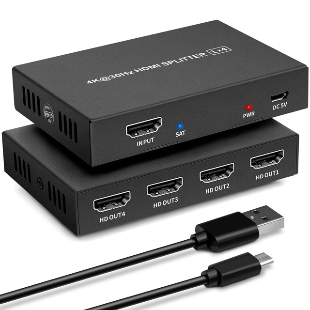 Full HD 4K HDMI 1 in 4 out Splitter HDCP 1.2 HDMI 1x4 Splitter with DC 5v Power Adapter 3.5mm Audio Output