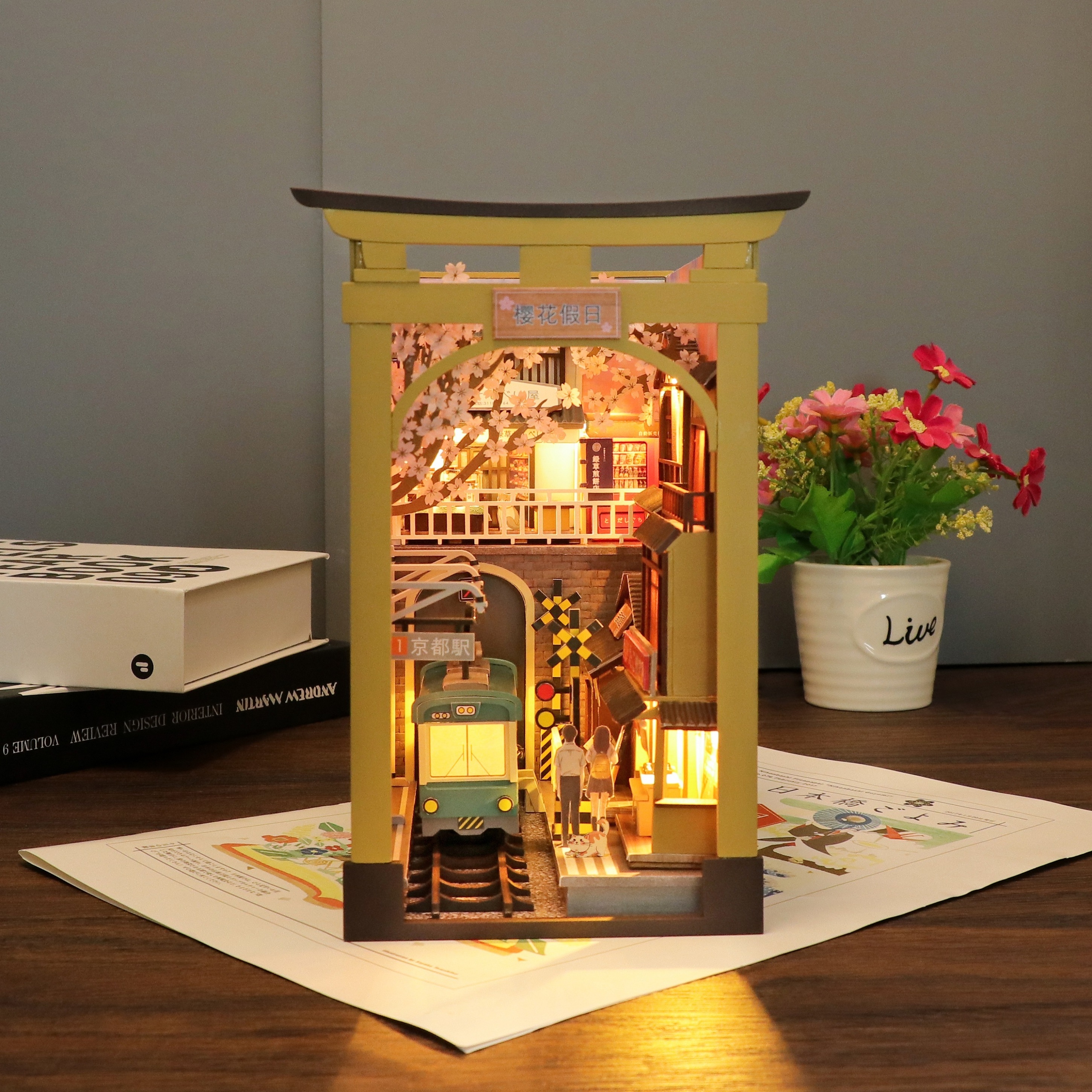 Hongda 2023 Sakura holiday M2211 book nook sheif insert diy Handmade wood gift book nook miniature kit Perfect Home Decor