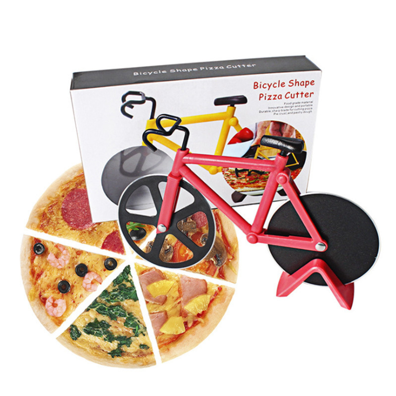 stainless steel Double wheel bicycle pizza cutter cutting wheels bicycle pizza slicer with a stand