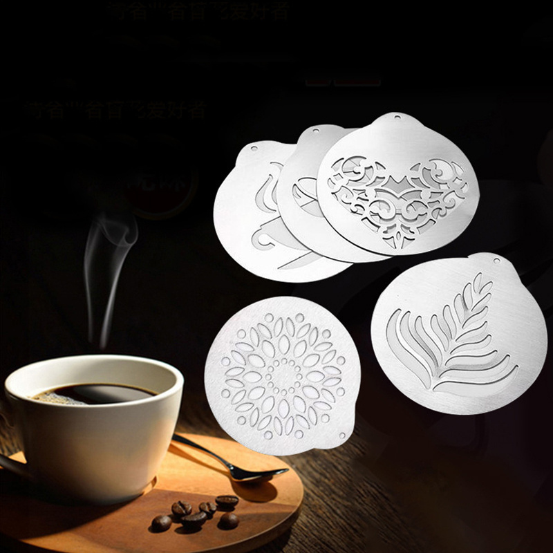 wholesale 5 pack stainless steel coffee art stencils Fancy cappuccino coffee decorating stencils