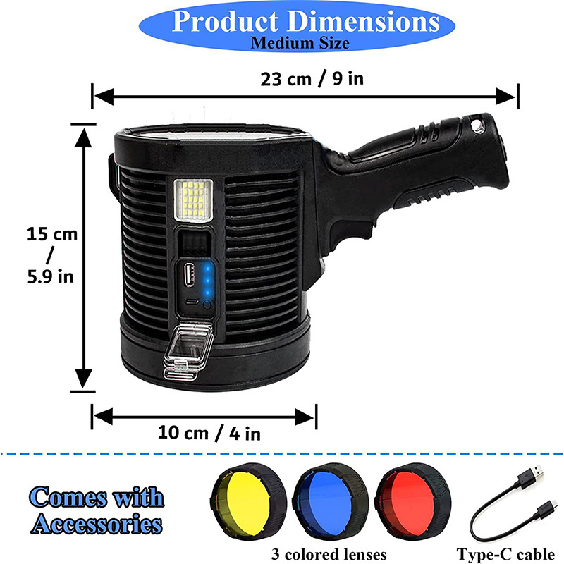 high intensity searchlight Solar charging High power P50 handheld led searchlight safety flashlight with 3-color filter