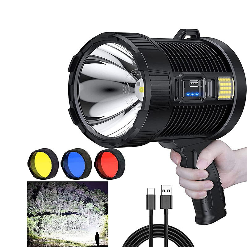 high intensity searchlight Solar charging High power P50 handheld led searchlight safety flashlight with 3-color filter