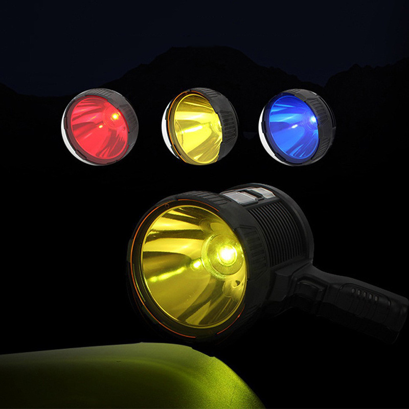 high intensity searchlight Solar charging High power P50 handheld led searchlight safety flashlight with 3-color filter