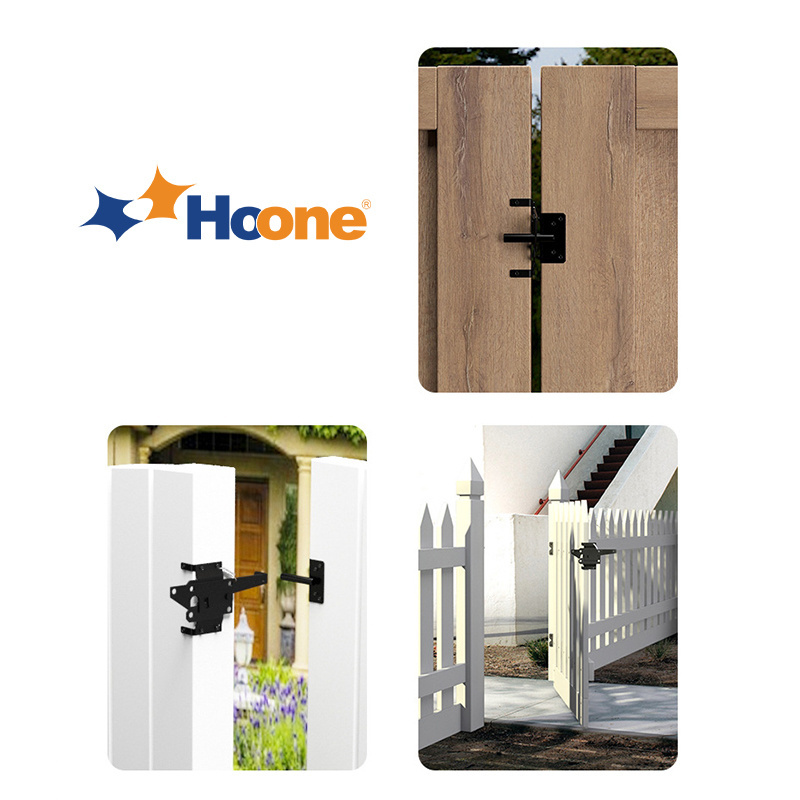 Hoone Heavy Duty Fence Self-Locking Black Finishing Post Mount Steel Automatic Gravity Lever Wood Fence Gate Latches