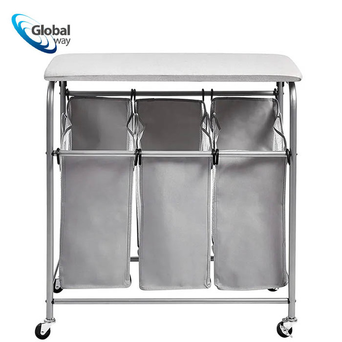 Dirty Clothes Cart Basket Triple Sorter With Ironing Board Rolling Laundry Hamper