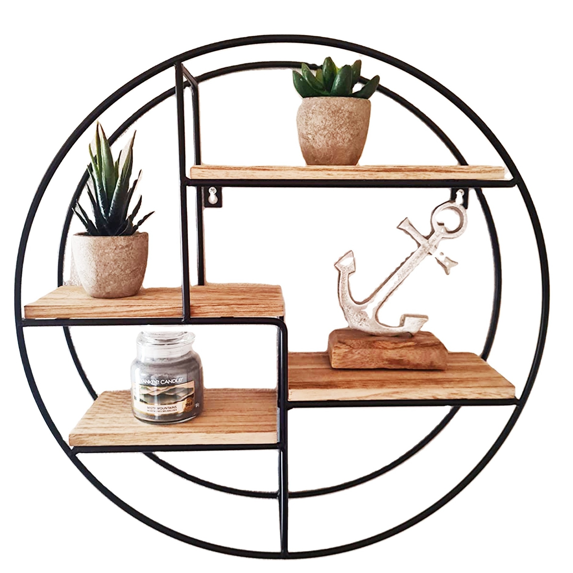 decorative round  metal wood wall shelf wood wall floating shelf with metal frame