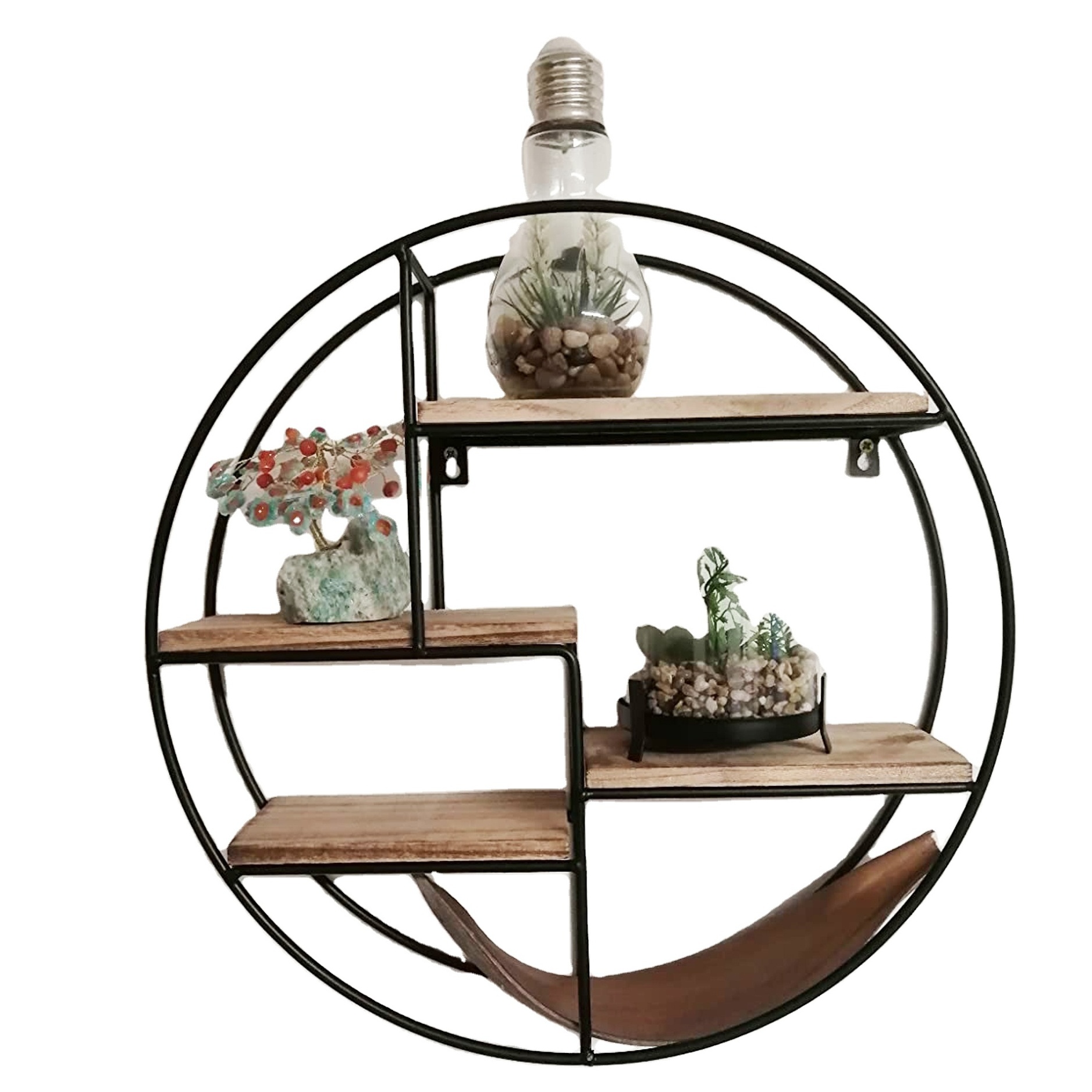 decorative round  metal wood wall shelf wood wall floating shelf with metal frame