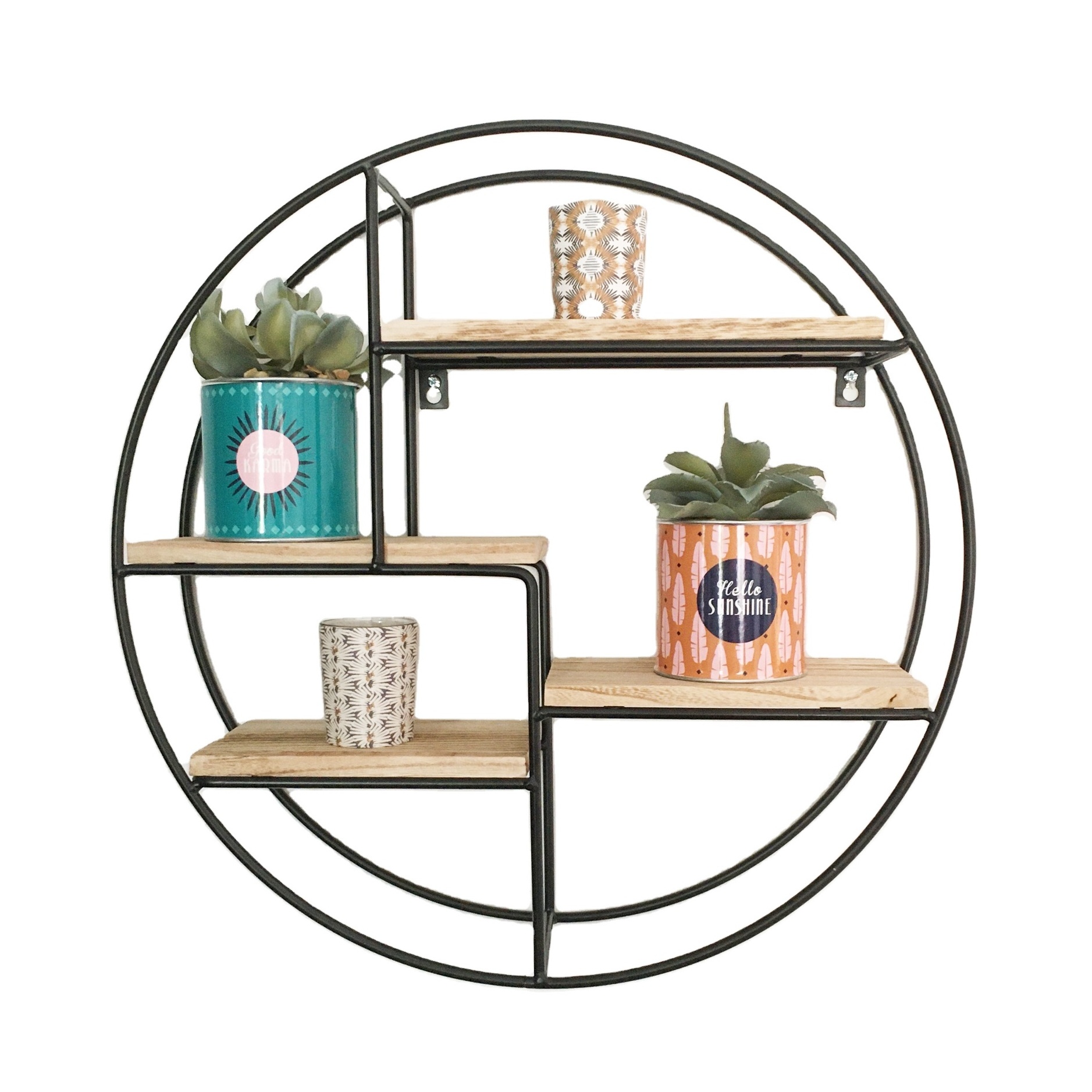 decorative round  metal wood wall shelf wood wall floating shelf with metal frame