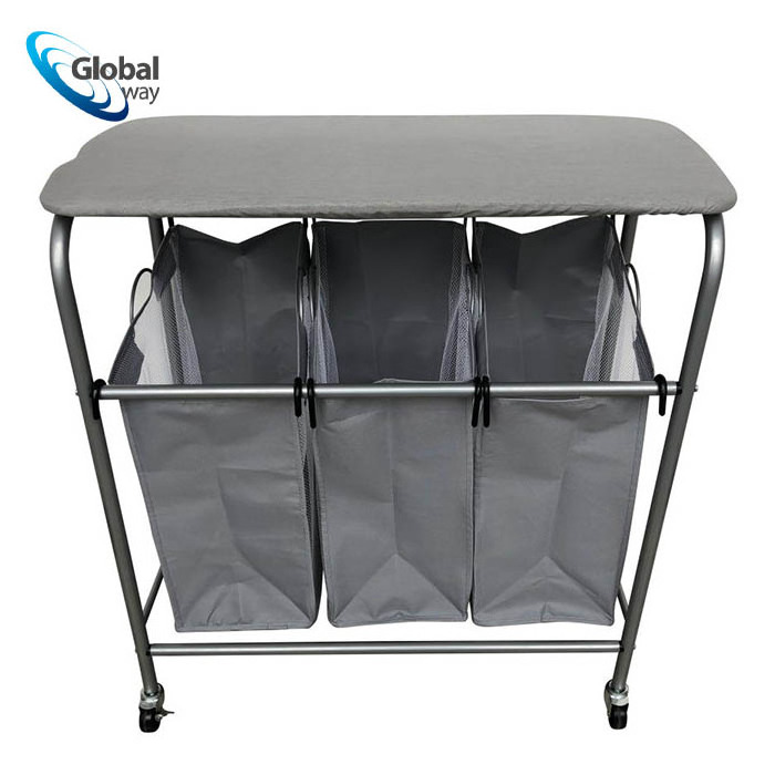 Dirty Clothes Cart Basket Triple Sorter With Ironing Board Rolling Laundry Hamper