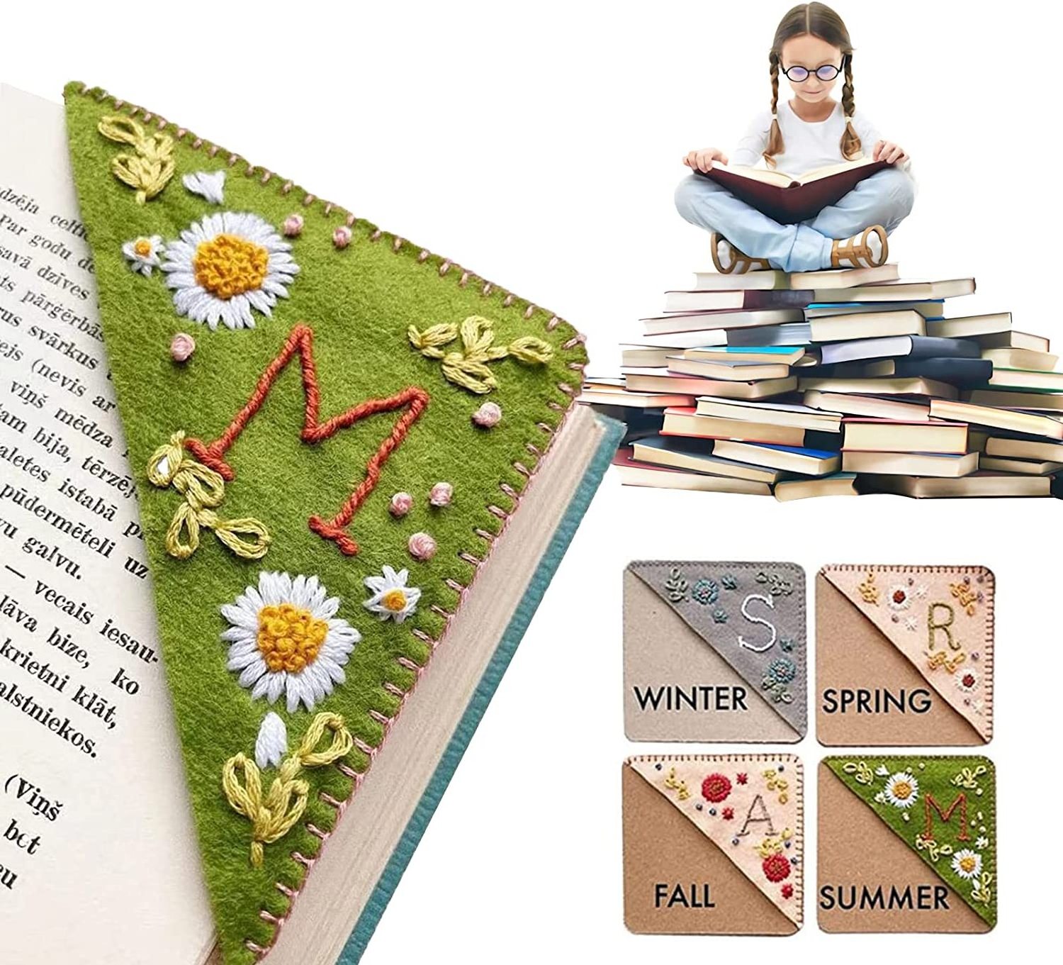 2023 New Style Bookmark Hand Embroidered Corner Bookmark Personalized Triangle Page Corner Handmade Bookmark