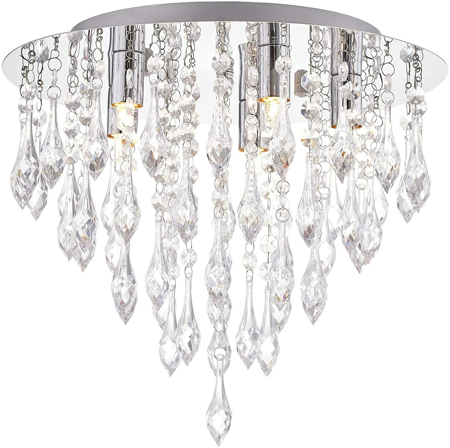 Modern Crystal Chandelier Flush Mount Ceiling Light Fitting Crystal Droplets Effect Round Chrome Elegant Pendant Light