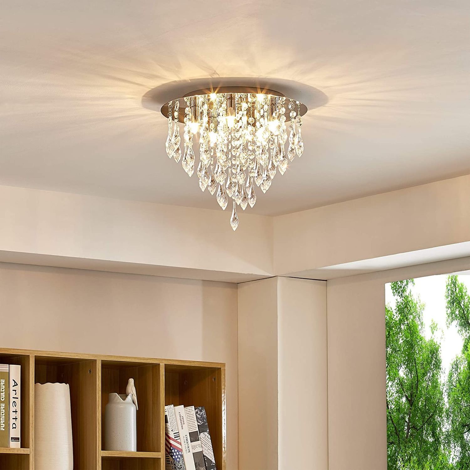 Modern Crystal Chandelier Flush Mount Ceiling Light Fitting Crystal Droplets Effect Round Chrome Elegant Pendant Light