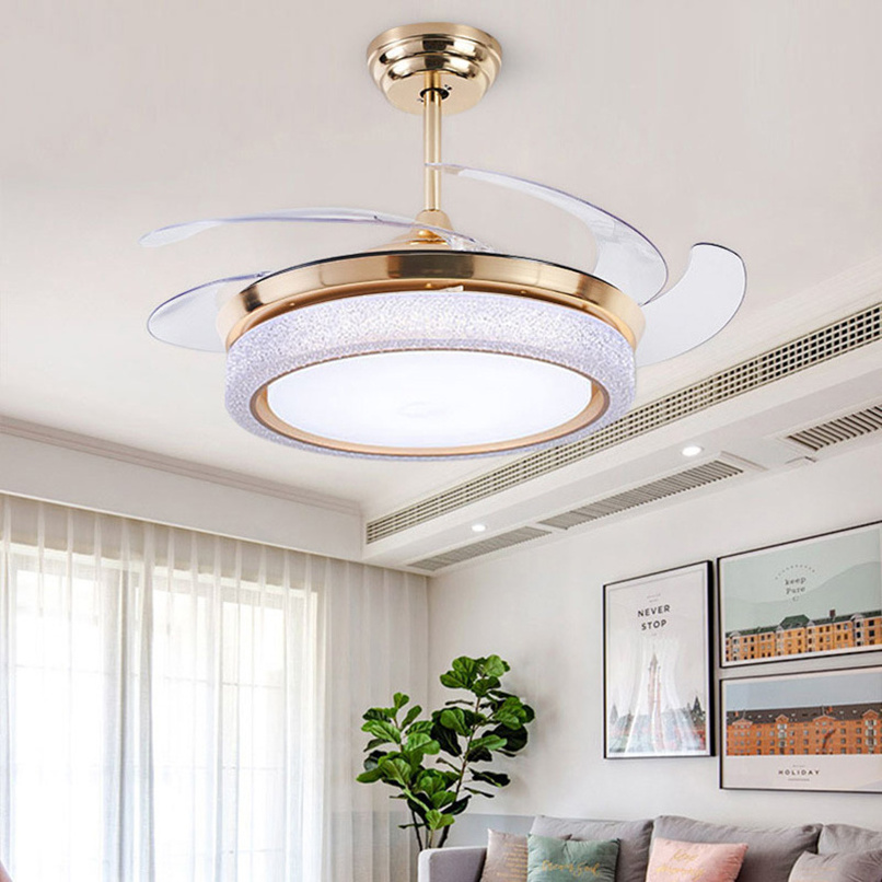 Zhongshan Lamp Factory Direct 42 inch Retractable Crystal Ceiling Fan with Lights and Remote Dimmable LED Lighting for Home