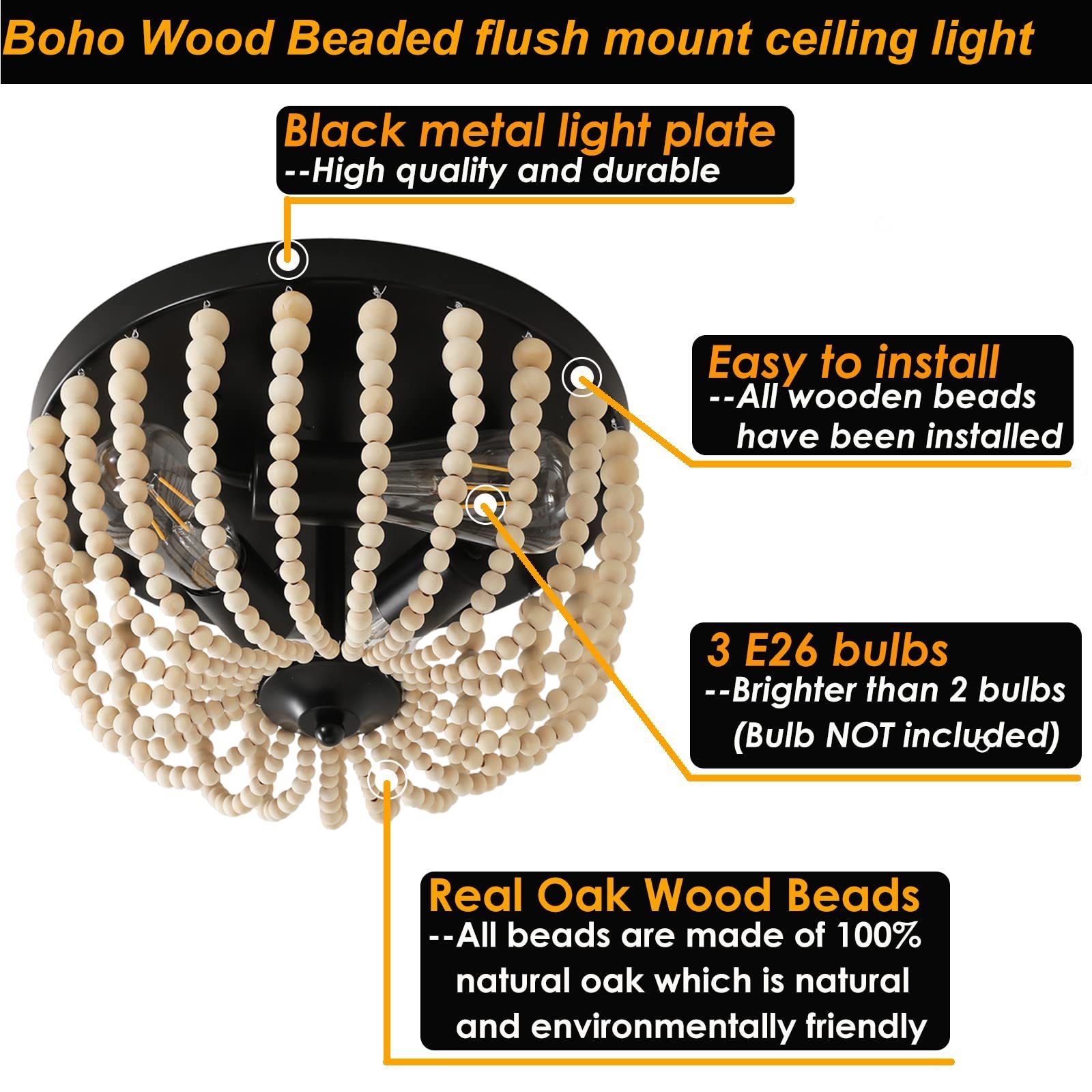 hot sale 3-Light Round Bohemian Ceiling Flush Mount Light Fixture Solid Oak Natural Wood ceiling lamp for Hallway Laundry Room